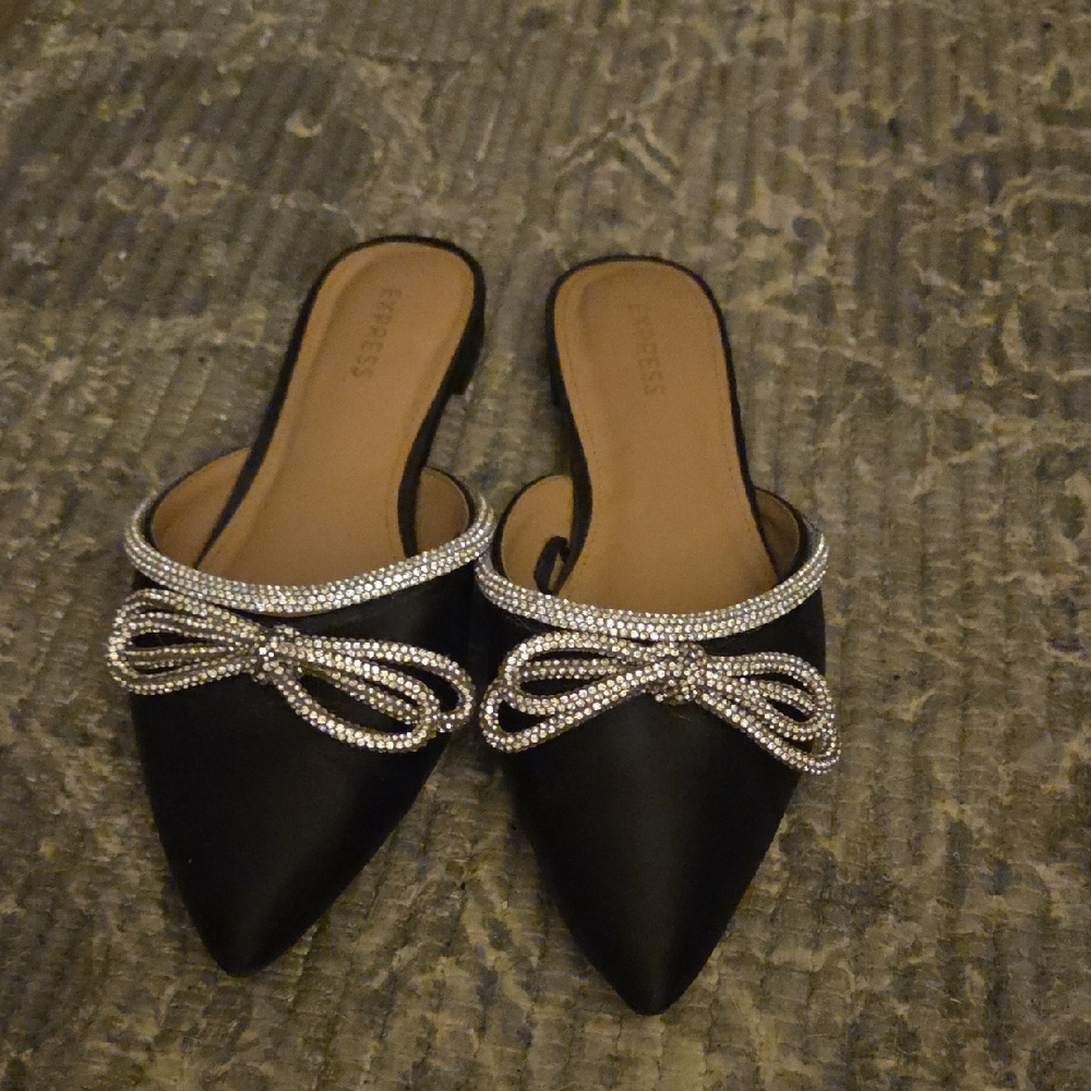 Express Black Satin Mules with Rhinestone Bow